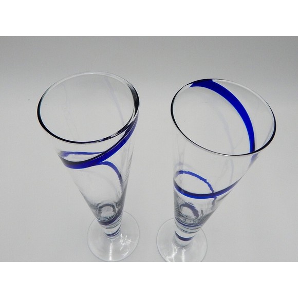 Pier 1 One Cobalt Blue SWIRLINE Pilsner Beer 10” Tall Swirl Glass Pair Handblown - Picture 7 of 7